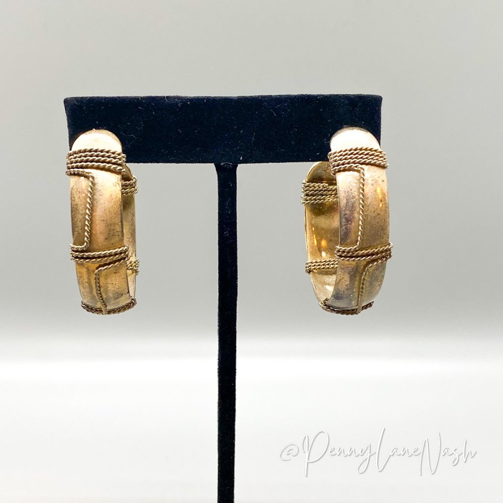 Vintage Wide Hoop with Rope Wrapped Gold Plated Earrings - Picture 6 of 6